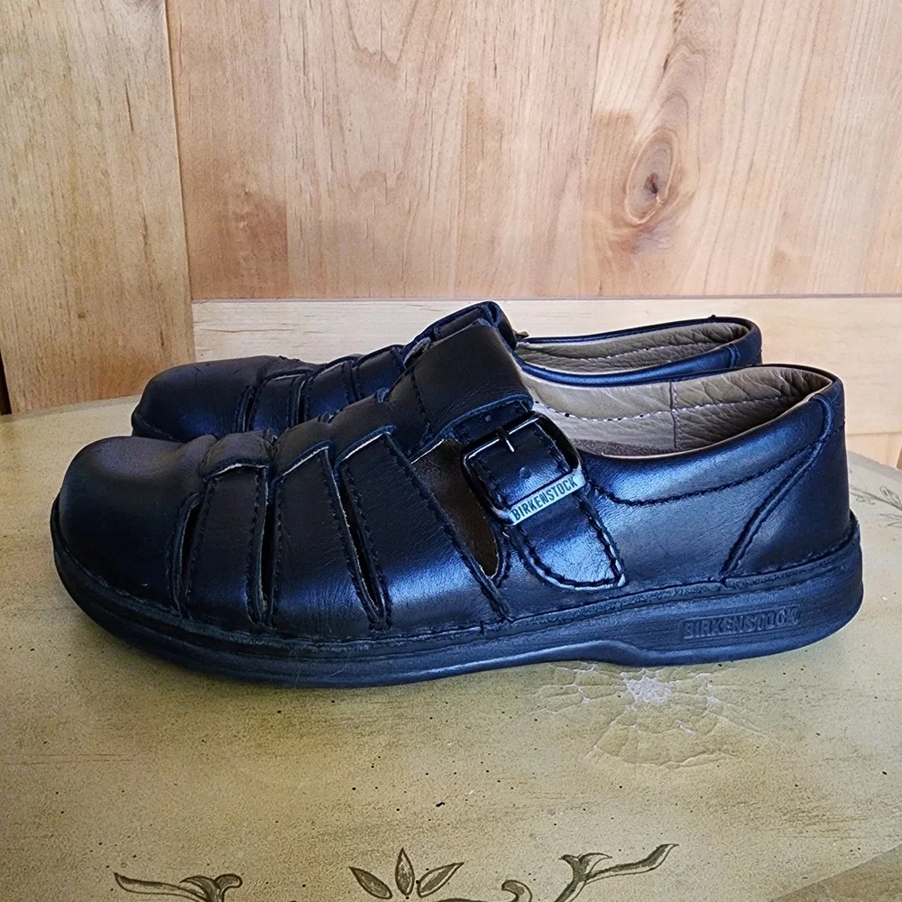 Birkenstock Madeira Sz M 8 W 10 Black Leather Fisherman Clogs Sandals Comfort‎
